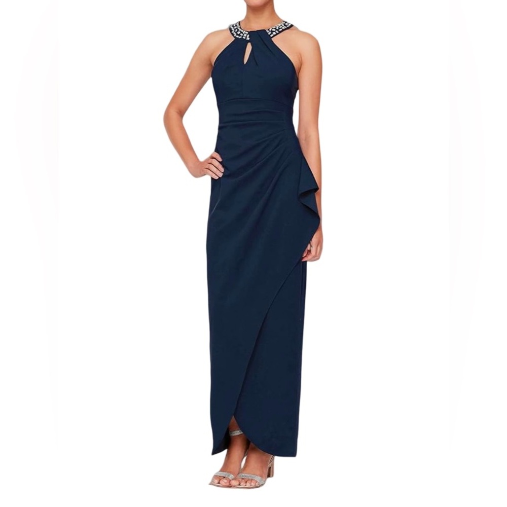 NWT SLNY Fashions Long Cocktail Dress with Embellished Halter Neckline size 10